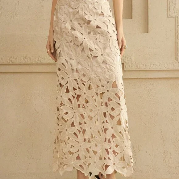 Khaki Casual Women's Floral Lace Cutout A-Line Skirt - Picture 4 of 9